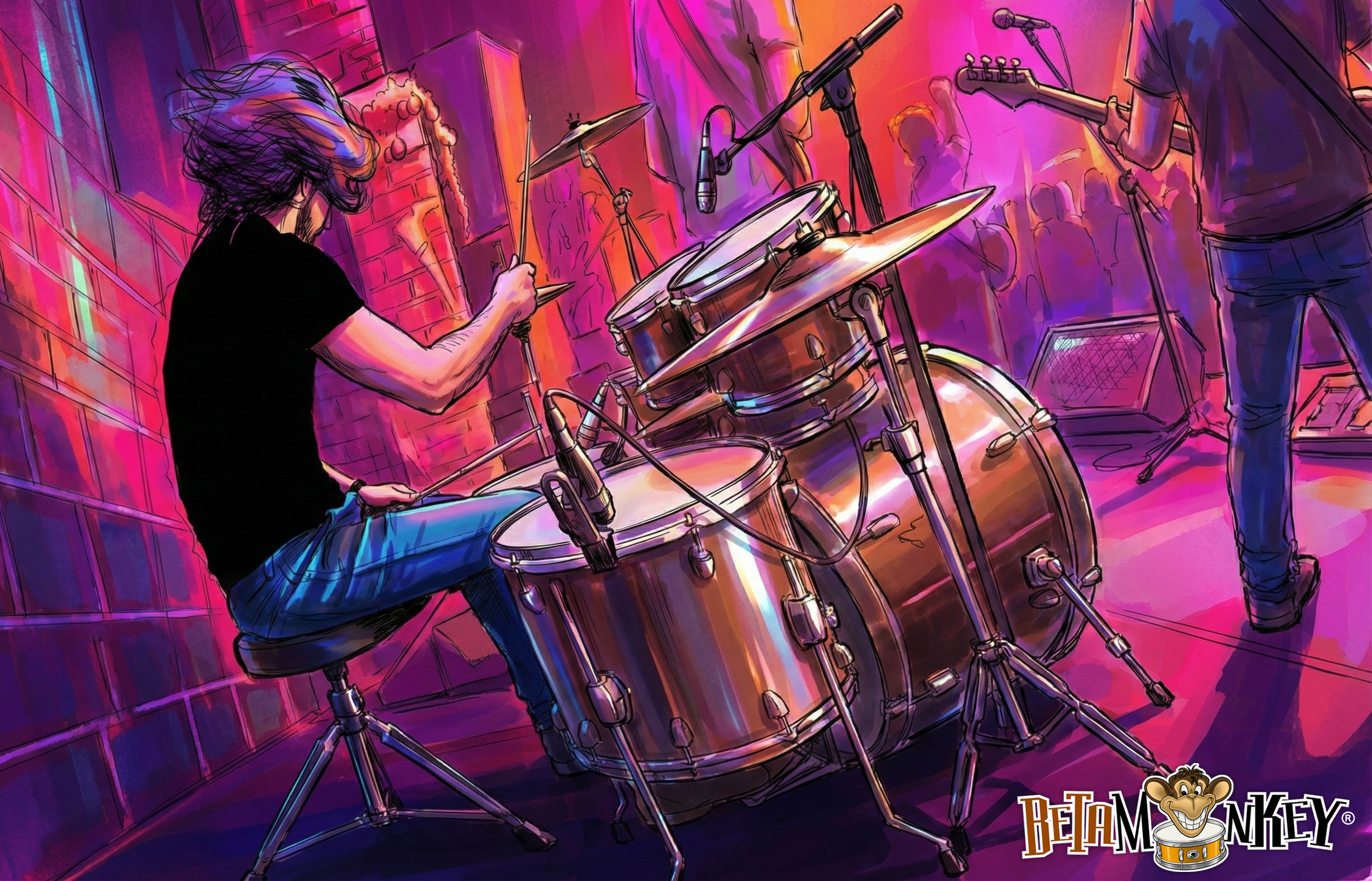 Rock drummer, playing live in concert. Illustration