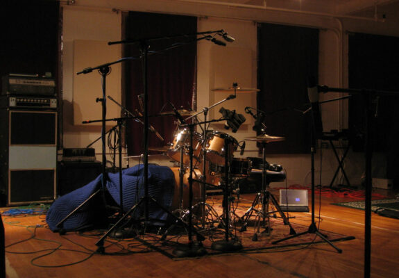 Smith custom maple drumkit in recording session for River Sessions (Drum Werks VII and VIII).