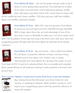 The Rocking Nashville Sessions Modern Country Drum Loops Bundle features four (4) drum libraries of shuffles, swings, 12/8 blues, trainbeats, ballads, and country-rock grooves. Over 2 GB of essential country drum samples in one versatile bundle for serious songwriters.