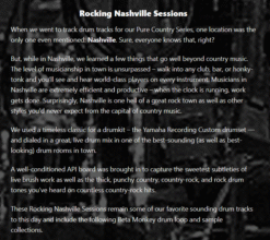 The Rocking Nashville Sessions Modern Country Drum Loops Bundle features four (4) drum libraries of shuffles, swings, 12/8 blues, trainbeats, ballads, and country-rock grooves. Over 2 GB of essential country drum samples in one versatile bundle for serious songwriters.