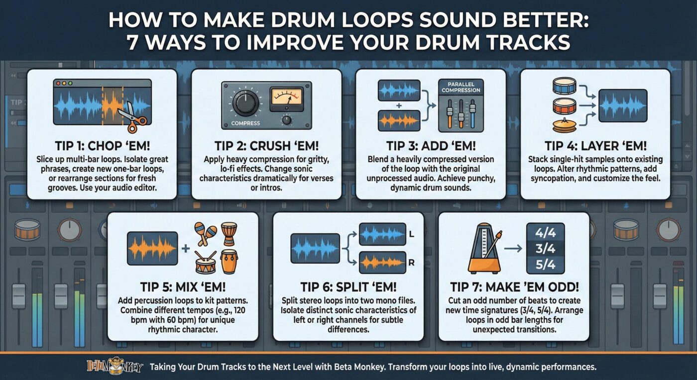 How To Make Drum Loops Sound Better: 7 Ways To Improve Your Drum Tracks 1 Infographic by Beta Monkey titled How To Make Drum Loops Sound Better: 7 Ways To Improve Your Drum Tracks. It illustrates seven production tips: 1. Chop 'Em (slicing loops), 2. Crush 'Em (heavy compression), 3. Add 'Em (parallel compression), 4. Layer 'Em (stacking samples), 5. Mix 'Em (adding percussion), 6. Split 'Em (stereo splitting), and 7. Make 'Em Odd (changing time signatures).